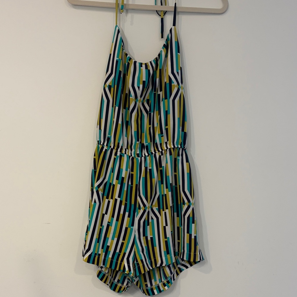 FOREVER 21 Girls Geometric Stripe Romper in Teal, Yellow & Navy